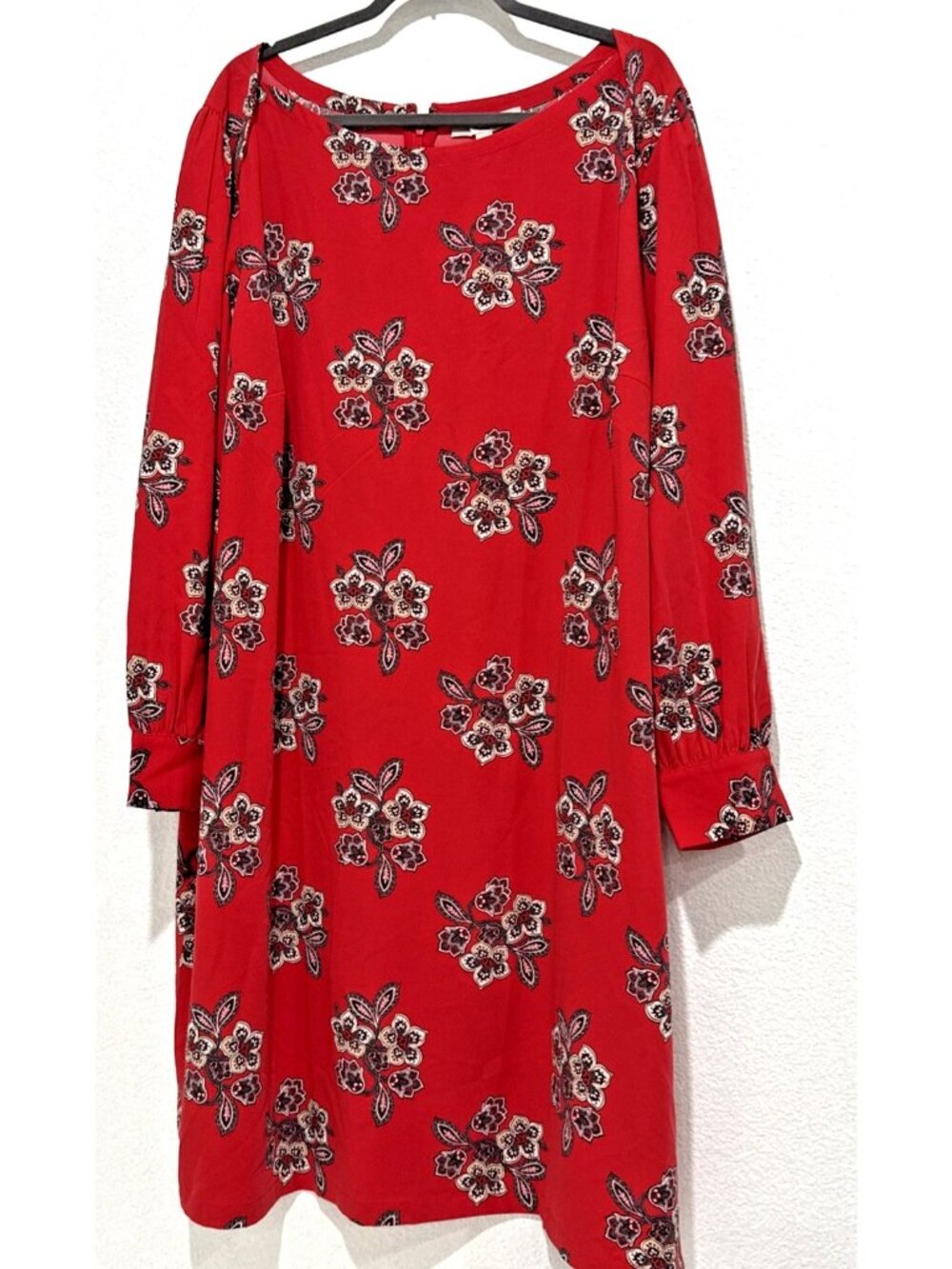 Loft Red Mandala Lotus Flower Long Sleeve Boatneck Shift Dress Plus Size 24